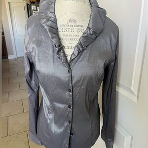 EUC Tribal metallic, silver, long sleeve fancy button-down shirt size 10